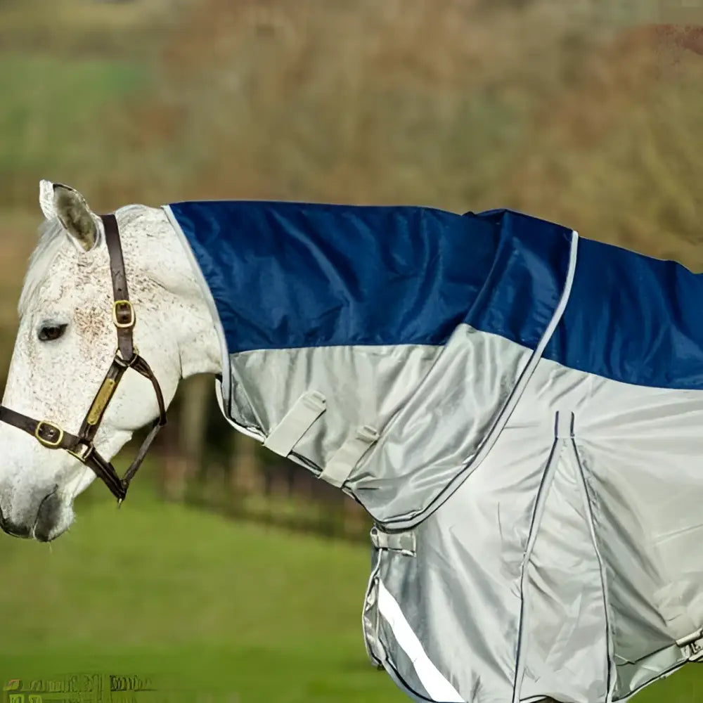 Blue and silver fly turnout combination rug with reflective trim and navy mesh fabric includes detachable neck cover