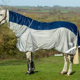 Blue and silver swish fly turnout combination rug with reflective trim and navy mesh detachable neck cover