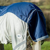 Blue and silver navy mesh rug with reflective stripes and branded logo patch fly turnout combination