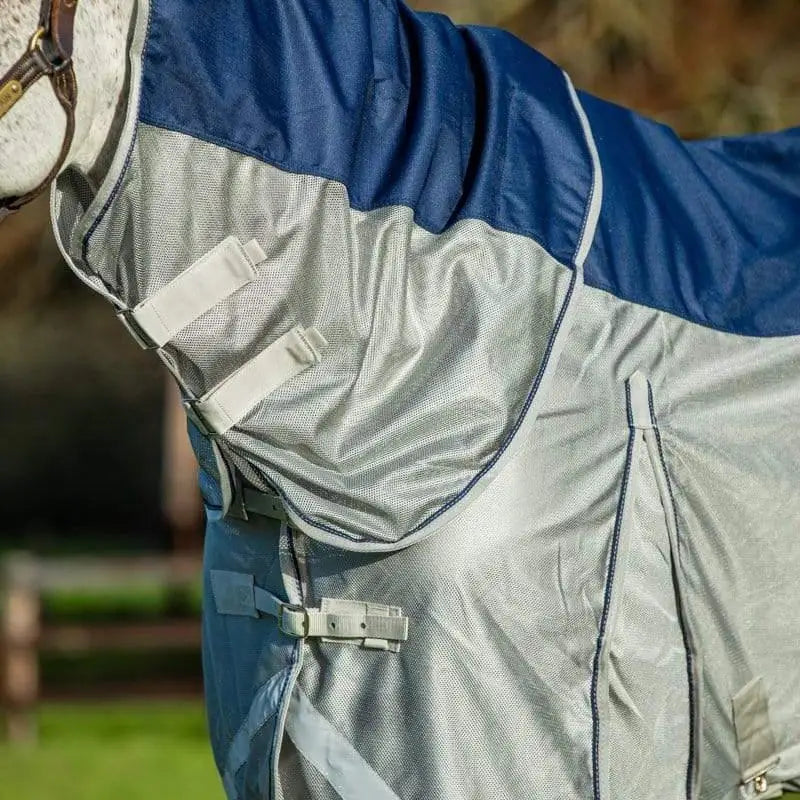 Blue and silver fly turnout combination rug with navy mesh panels and adjustable straps for horse protection