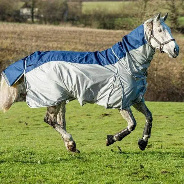 Navy mesh rug with blue and silver two-tone fly turnout combination and reflective strips for horse protection