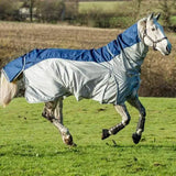 Navy mesh rug with blue and silver two-tone fly turnout combination and reflective strips for horse protection