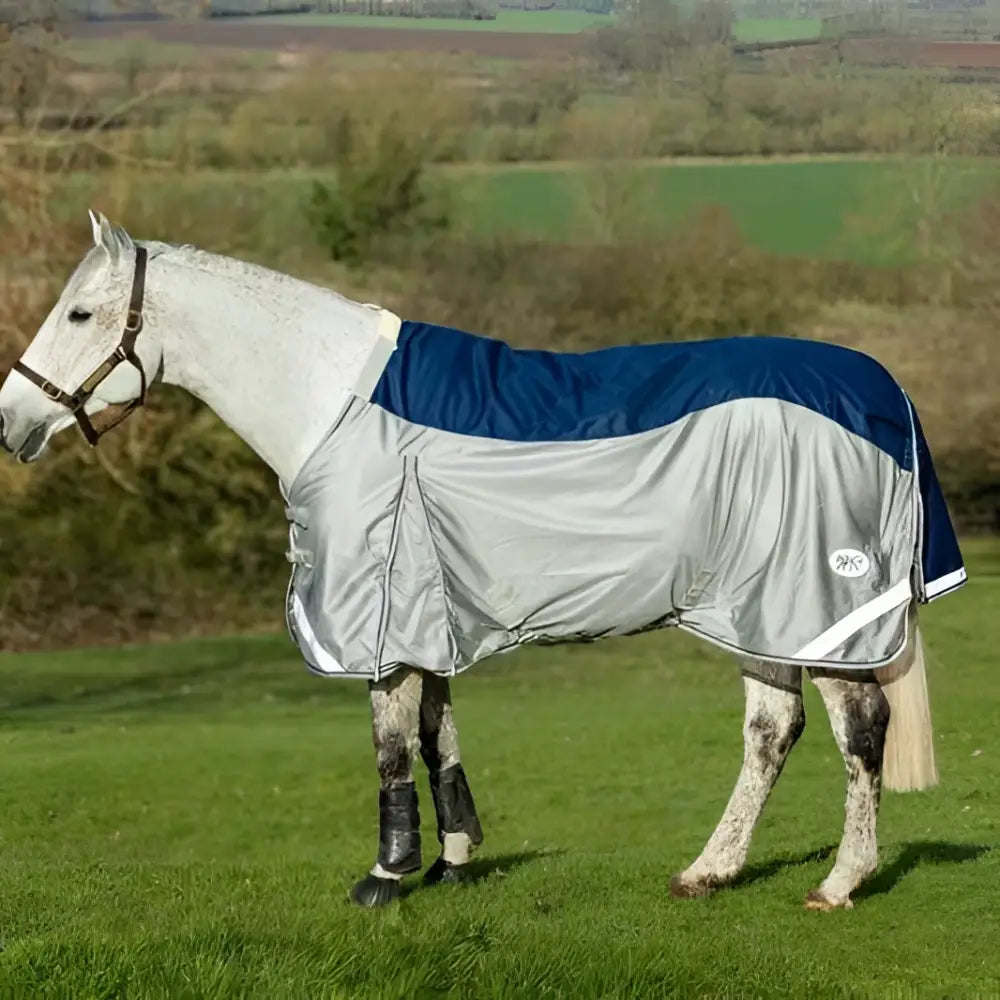 Silver and navy mesh fly turnout combination rug with reflective stripes and detachable neck cover for horses