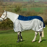 Silver and navy mesh fly turnout combination rug with reflective stripes and detachable neck cover for horses