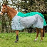 Teal and gray swish fly turnout combination rug with white collar and reinforced stitching in shower proof nylon green