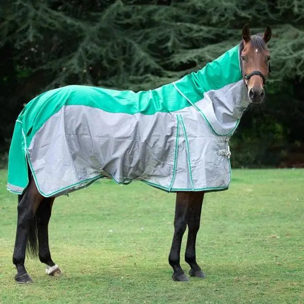 Teal and silver swish fly turnout combination rug nylon with shower proof design and detachable neck cover green