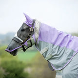 Purple and gray swish fly turnout combination mask with adjustable straps and 1200d turnout section in nylon