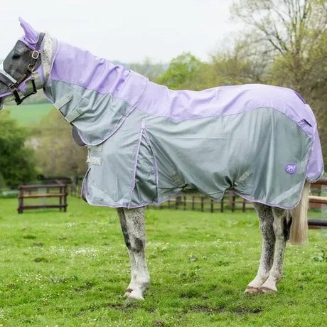 Lavender and gray swish fly turnout combination rug with 1200d turnout section and detachable neck cover in violet