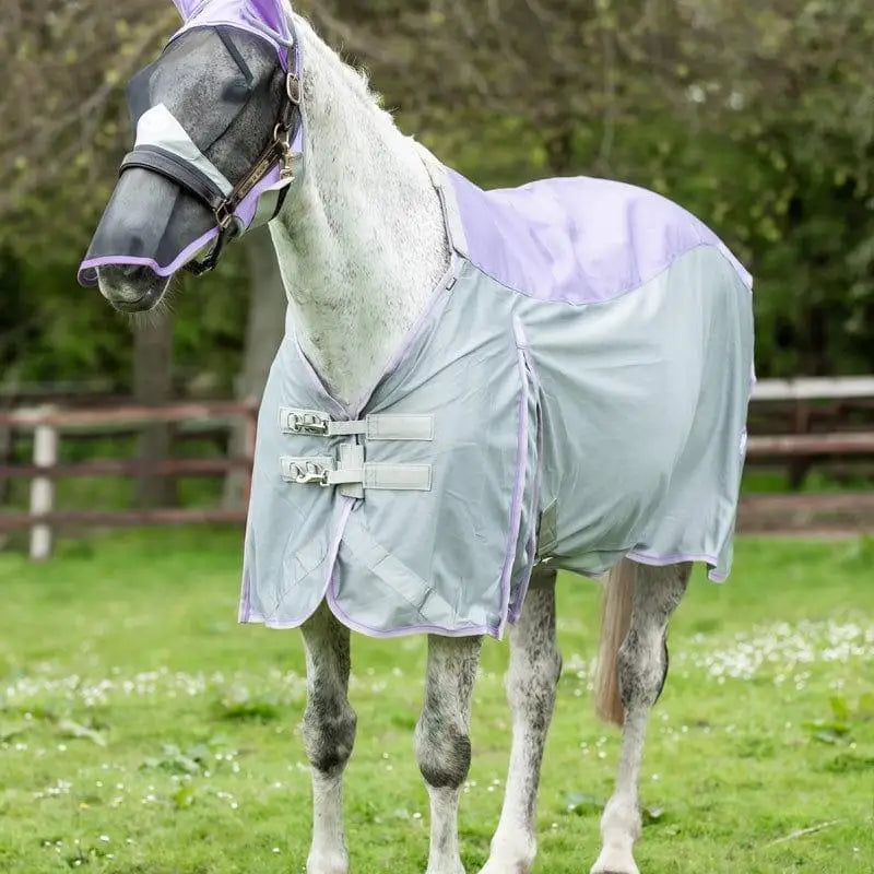 Lavender and gray fly turnout combination rug with 1200d turnout section and detachable neck cover for secure fit