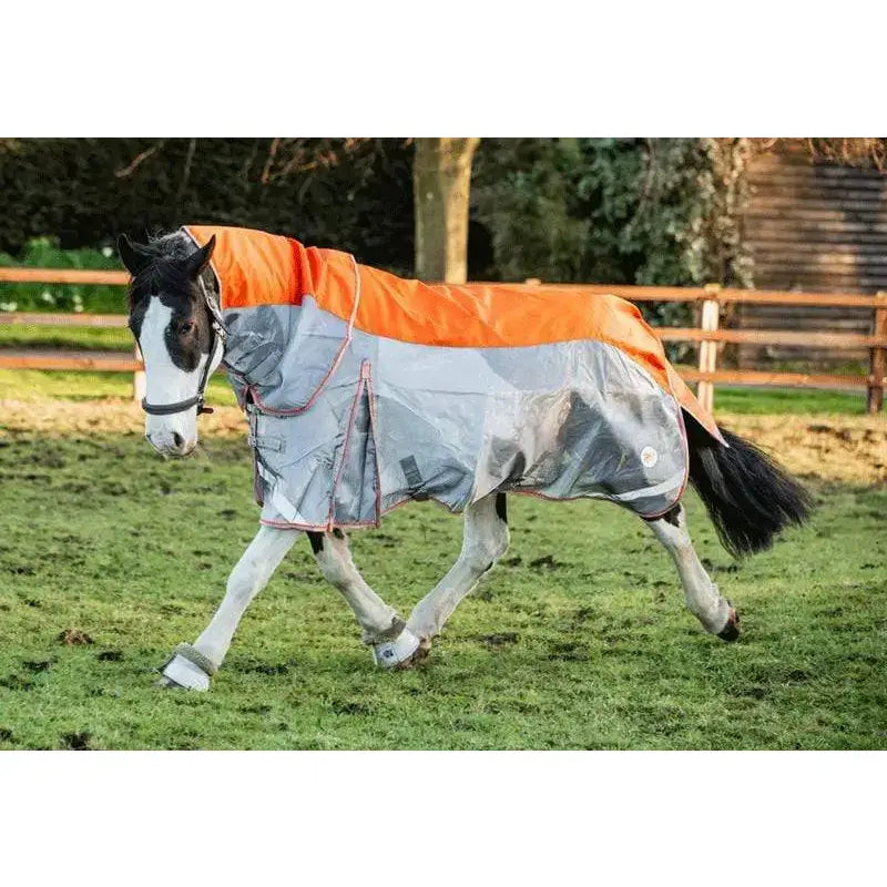 Orange and gray reflective fly turnout rug with breathable nylon and red stitching featuring a detachable neck cover
