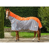 Orange and gray fly turnout rug with breathable nylon and reflective trim featuring a detachable neck cover