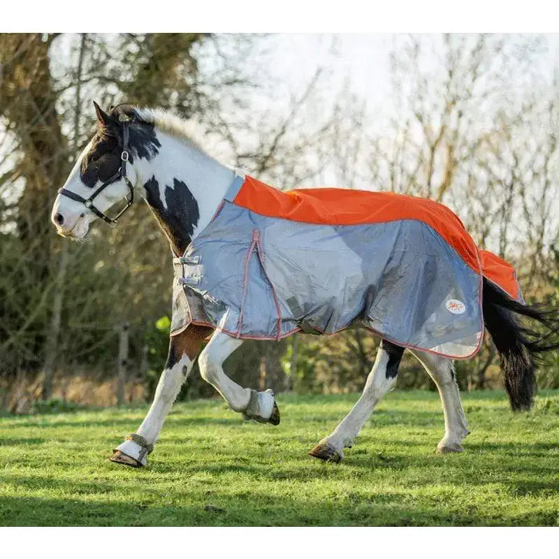 Swish fly turnout combination rug in orange with reflective gray and orange breathable nylon and red trim fly turnout rug