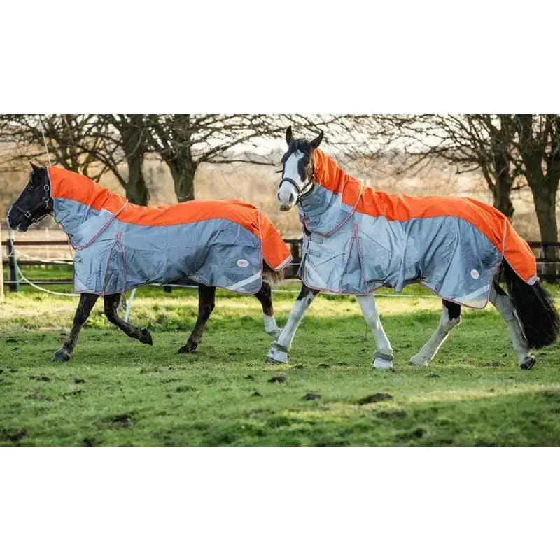 Orange and gray fly turnout rug with breathable nylon and reflective trim featuring detachable neck cover