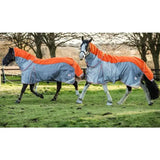 Orange and gray fly turnout rug with breathable nylon and reflective trim featuring detachable neck cover