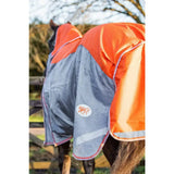 Orange and gray fly turnout rug in breathable nylon with reflective strips and detachable neck cover for horse use