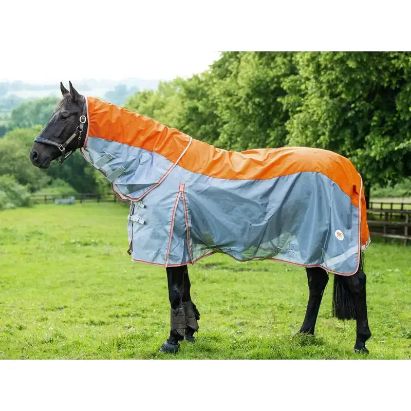 Orange and gray two-tone swish fly turnout combination rug with reflective trim and detachable neck cover in breathable nylon