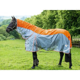 Orange and gray two-tone swish fly turnout combination rug with reflective trim and detachable neck cover in breathable nylon