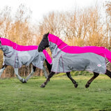 Pink and gray swish fly turnout combination rug with detachable neck cover designed for fly protection and comfort