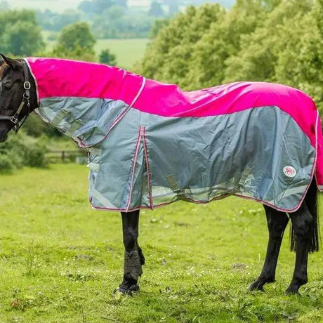 Vibrant pink and gray swish fly turnout combination rug with reflective strips and a circular logo on the side