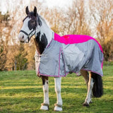A vibrant pink and gray swish fly turnout combination rug with reflective waterproof material and detachable neck cover