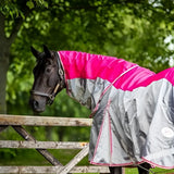 Swish fly turnout pink horse rug with reflective waterproof material and detachable neck cover for equestrian use