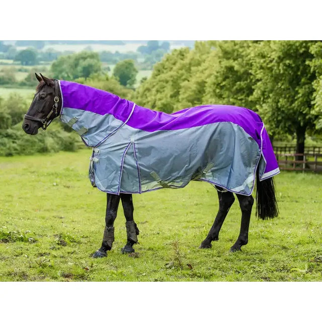 Purple and silver swish fly turnout combination rug with reflective trim and detachable neck cover for turnout section