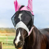 Swish baby pink horse fly mask with black mesh and gray trim designed as an anti rub mask for horses