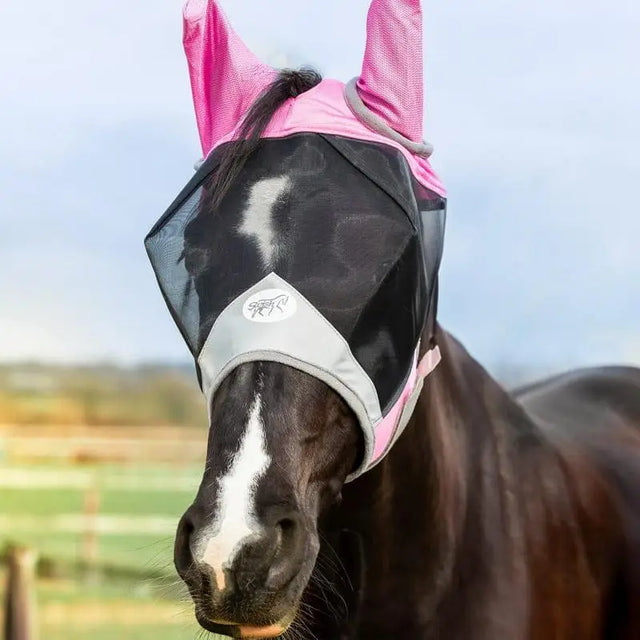 Swish baby pink horse fly mask with black mesh and gray trim designed as an anti rub mask for horses