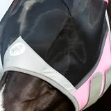 Swish horse fly mask in baby pink and gray with black mesh anti rub mask for horse protection and comfort