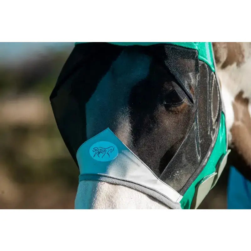 Teal and black swish horse fly mask with white strap and anti rub bindings for fly protection