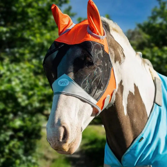 Bright orange swish horse fly mask with black mesh face, gray trim, ear flaps, and anti rub bindings for comfort