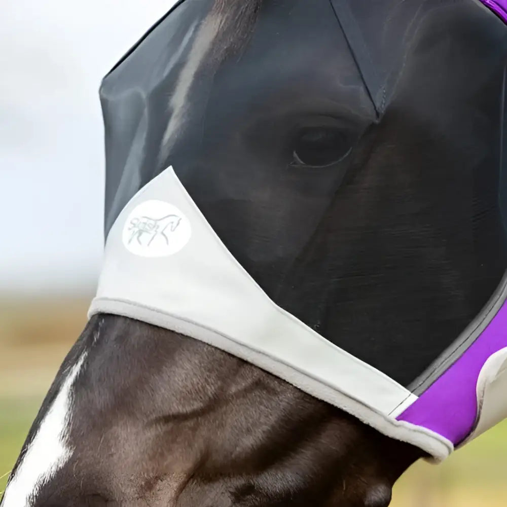 Purple and gray mesh swish horse fly mask with white logo patch and anti rub bindings for horse protection