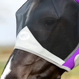 Purple and gray mesh swish horse fly mask with white logo patch and anti rub bindings for horse protection