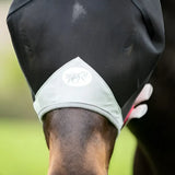 Black swish horse fly mask with light gray reinforced panel and white logo offers anti rub protection