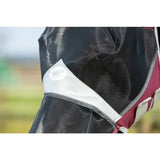 Black and maroon swish horse fly mask with nose featuring a white reflective strip and silver logo patch for maximum protection