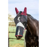 Maroon and black mesh swish horse fly mask with white trim for maximum protection and nose coverage