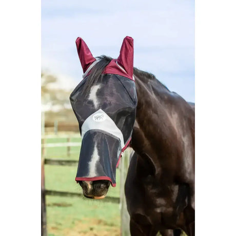 Maroon and black mesh swish horse fly mask with white trim for maximum protection and nose coverage
