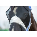 Black and blue mesh swish horse fly mask with nose and white logo patch for equestrian supplies and anti rubbing mask