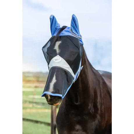 Blue and black mesh swish horse fly mask with adjustable ear flaps and nose cover, ideal anti rubbing mask for equestrian supplies