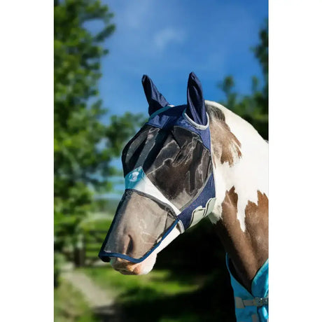 Navy swish horse fly mesh mask with adjustable ear flaps and anti rub bindings with nose protection and logo