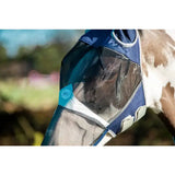 Blue and white swish horse fly mask with nose and mesh netting featuring anti rub bindings for horse fly protection