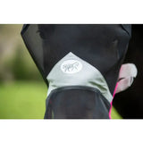 Black and gray mesh swish horse fly mask with white swish logo patch and anti rub bindings for nose protection