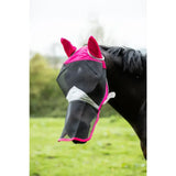 Pink and black mesh swish horse fly mask with red ear covers and anti rub bindings for fly protection
