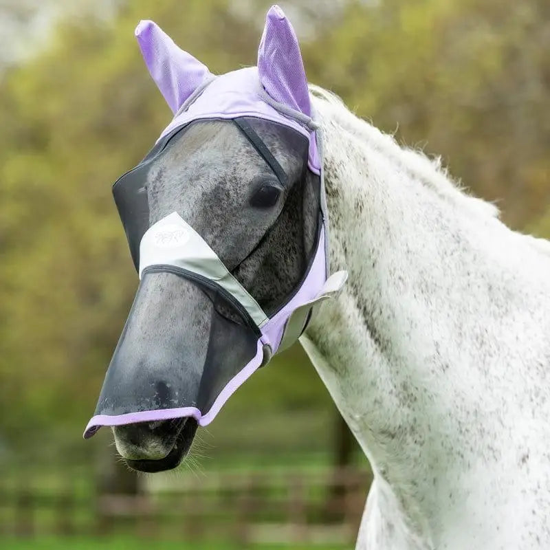 Purple mesh swish horse fly mask with adjustable straps ear flaps and anti rub nose protection
