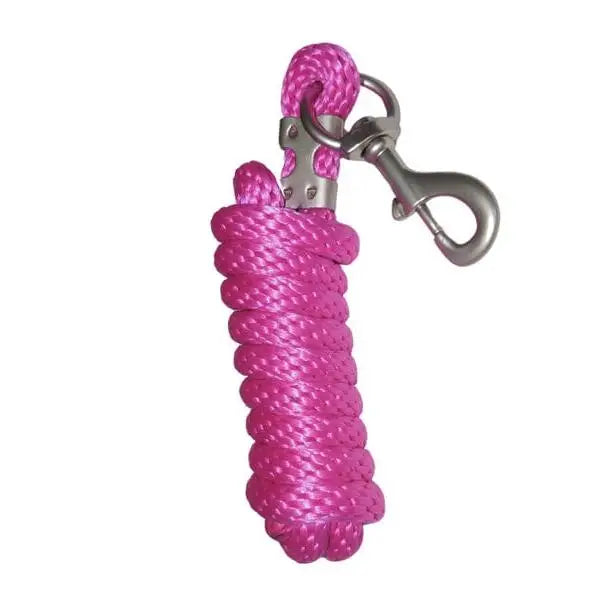 Bright pink braided swish horse lead rope with silver metal clip for easy attachment to matching head collars rope pink