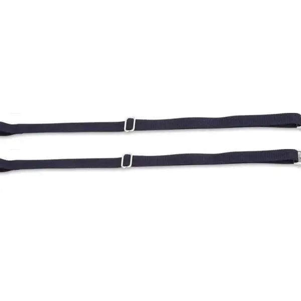 Black nylon swish horse rug leg straps with silver metal buckles for secure horse rug leg fastening