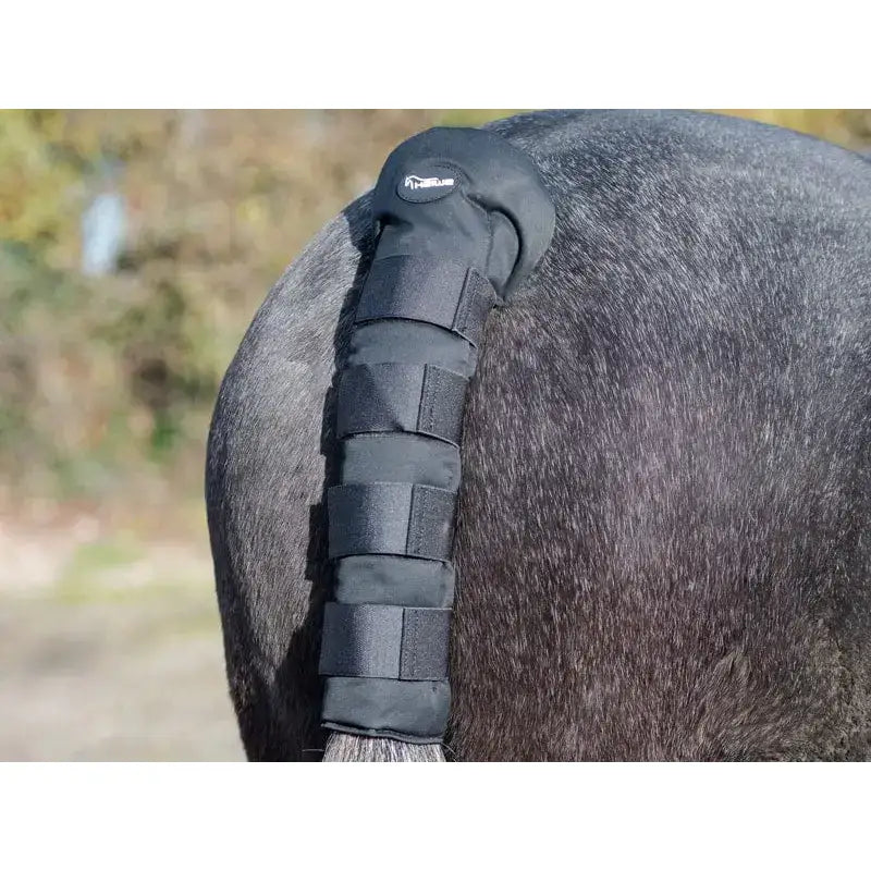 Black padded swish horse tail guard with adjustable velcro straps and branded logo on top section