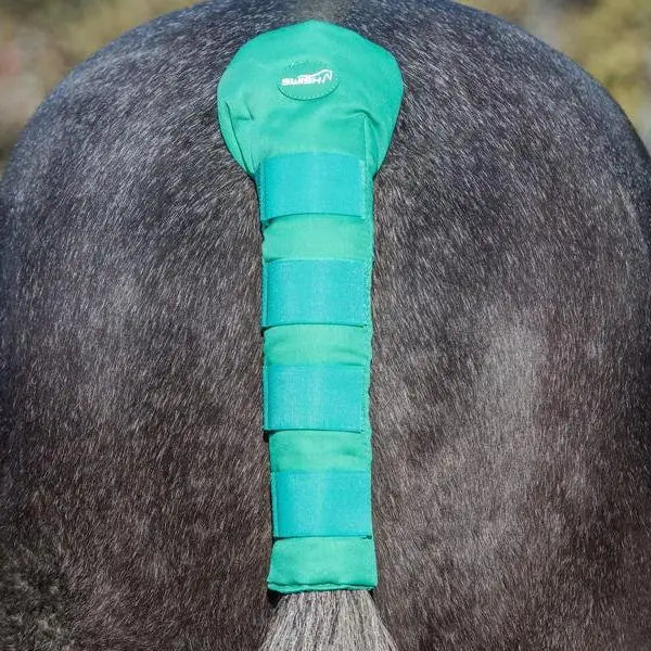 Green swish horse tail guard with soft padded design high quality cotton and durable velcro straps for secure fit