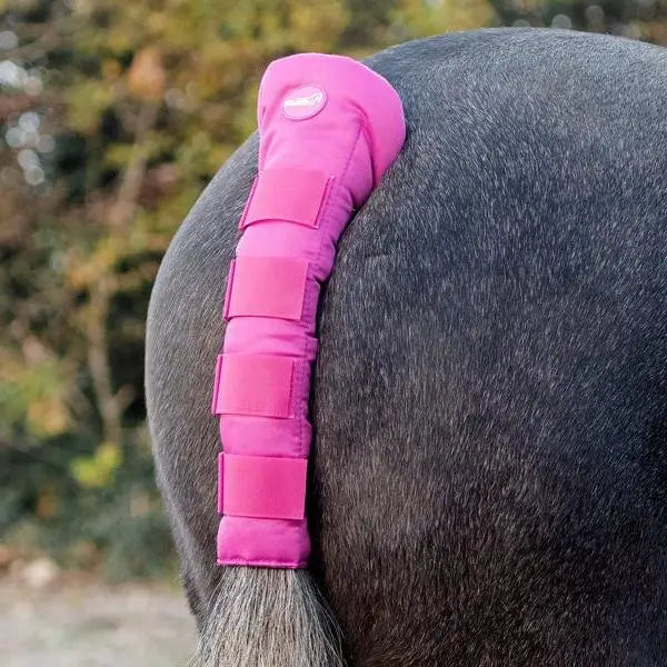 Bright pink padded horse tail guard mulberry with adjustable velcro straps for secure fit and protection