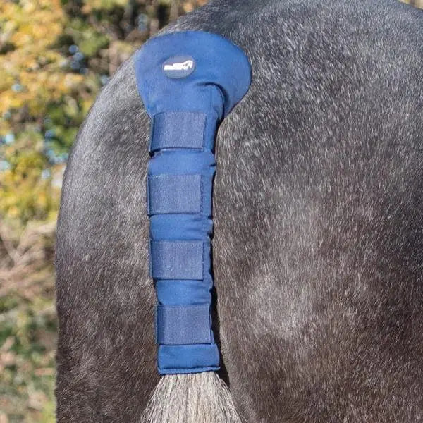 Navy swish horse tail guard with blue padded material and adjustable velcro straps for secure fit